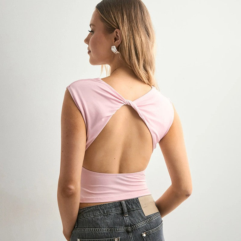 Backless Slim Fit Pullover Top with Off-Shoulder Neck – Pink