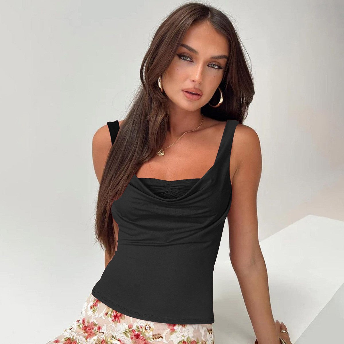 Camisole U-Collar Pleated Crop Top with Adjustable Straps - Slim Fit