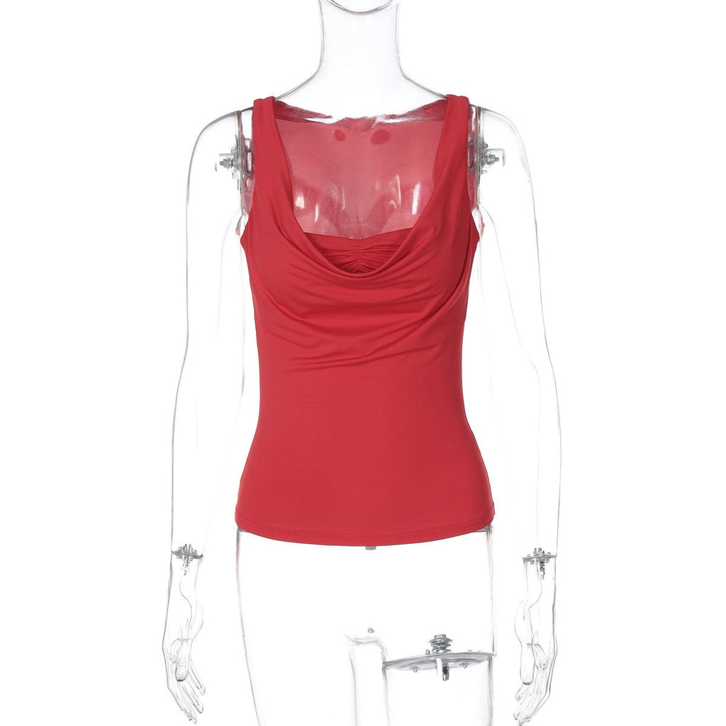 Camisole U-Collar Pleated Crop Top with Adjustable Straps - Slim Fit