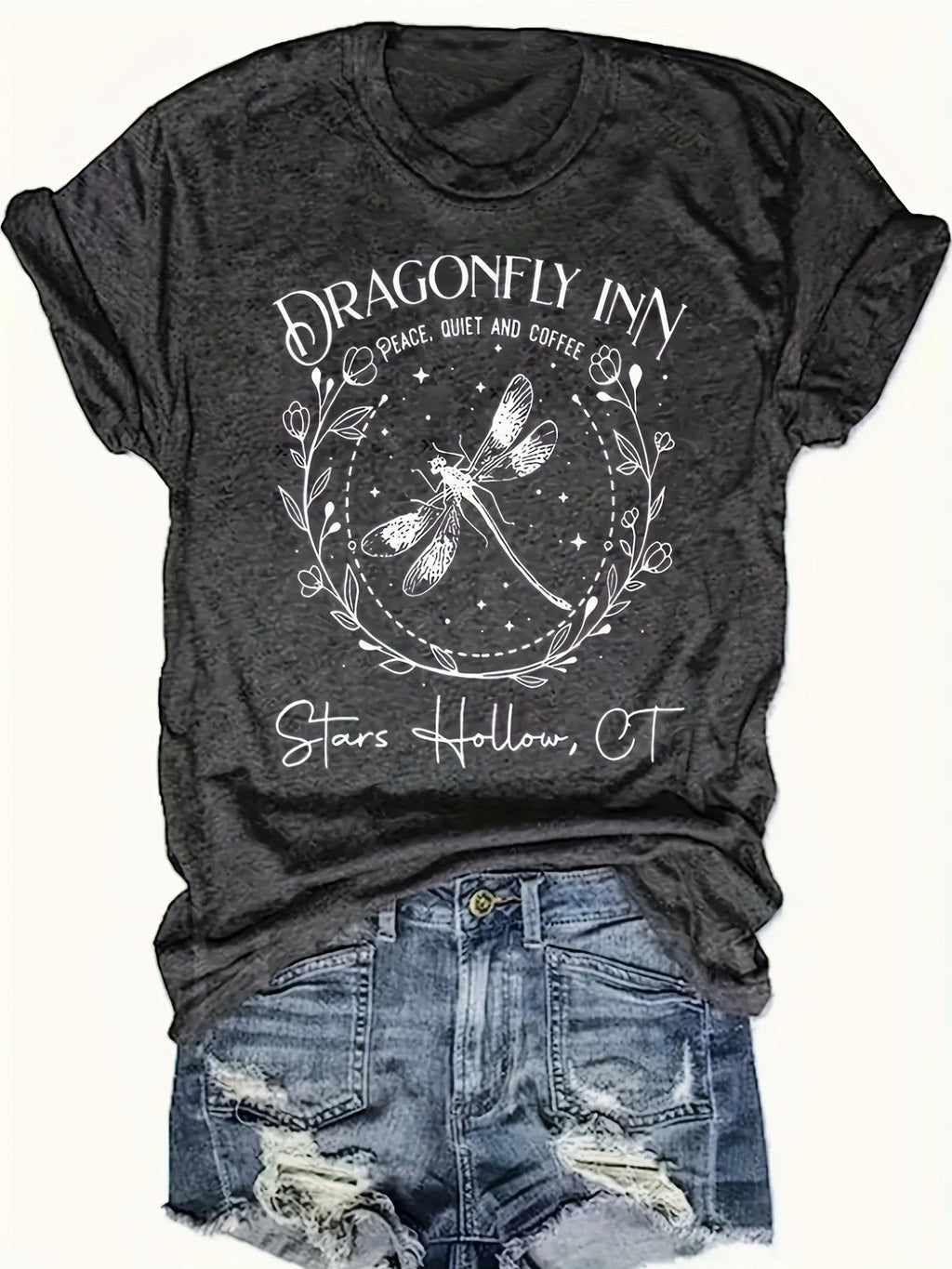 Dragonfly Letter Print Plus Size T-Shirt with Round Neck – Casual Summer Tee