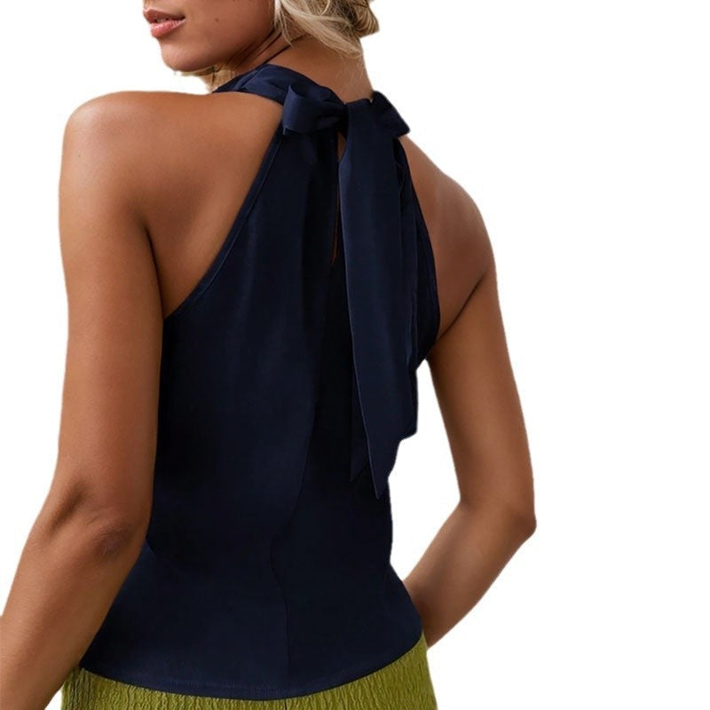 Elegant Halter Neck Backless Vest Top with Folded Front – Sleeveless Design