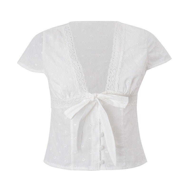 Gentle Lace V-Neck Short Sleeve Blouse in White