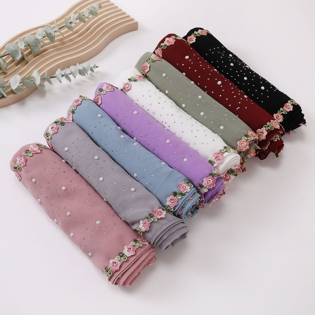 Pearl-Embellished Chiffon Headscarf Wrap