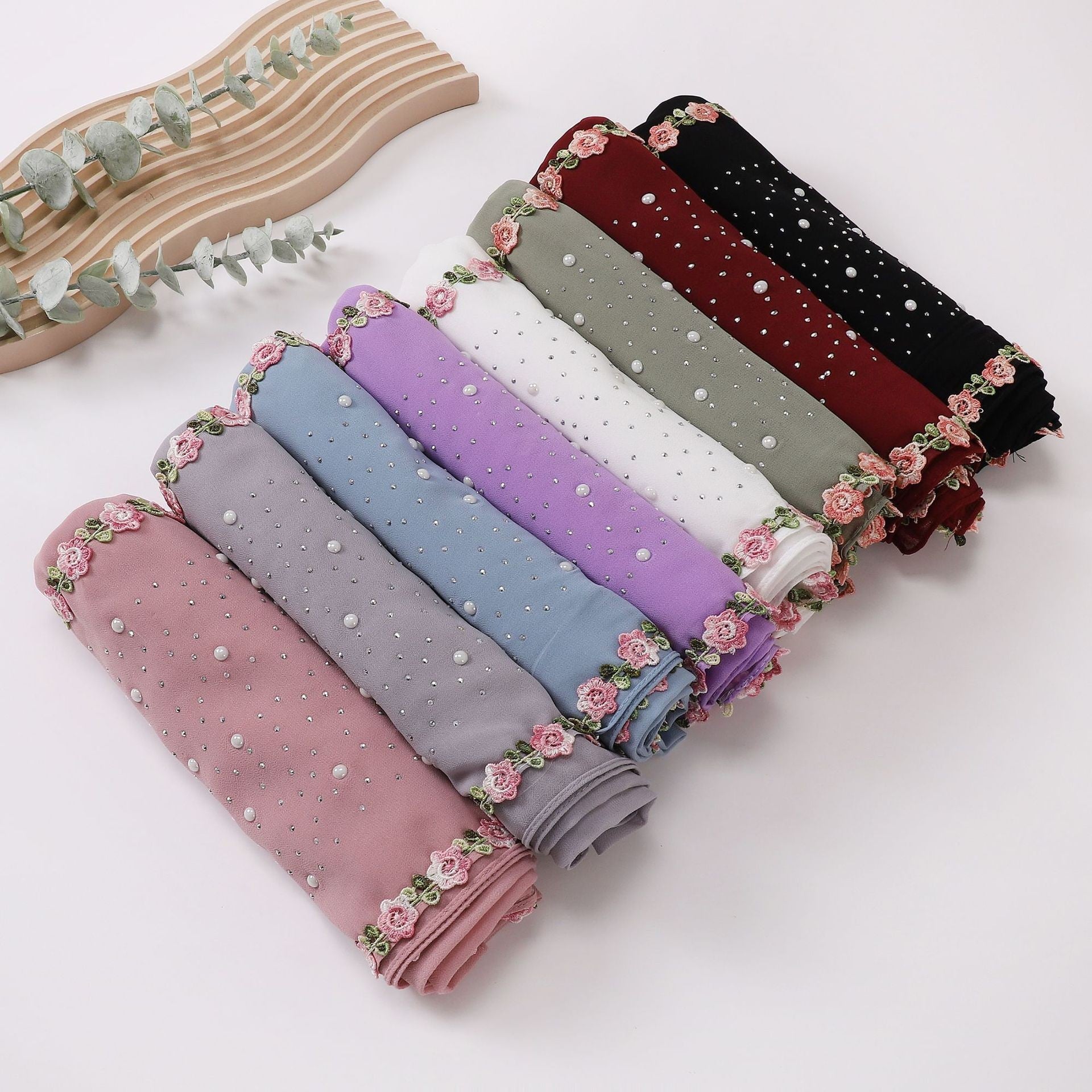 Pearl-Embellished Chiffon Headscarf Wrap