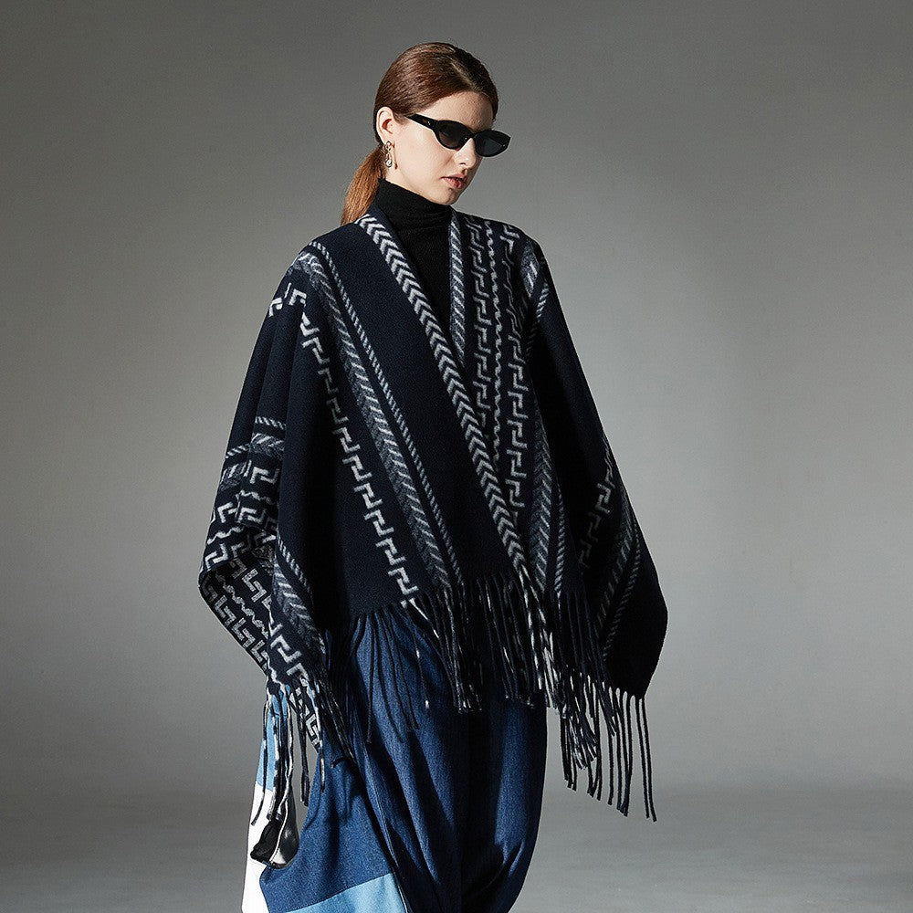 Sofia Ethnic Jacquard Shawl with Tassels in Navy Blue